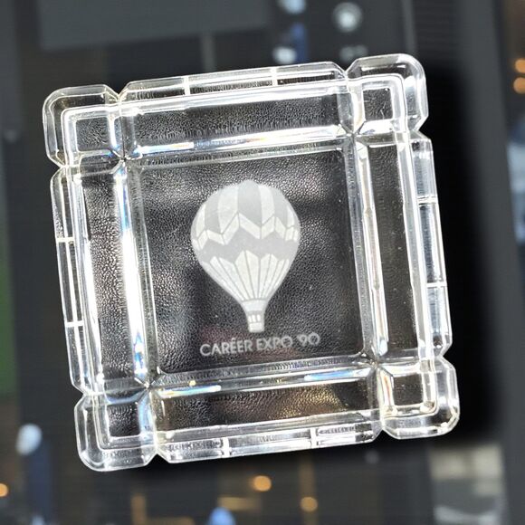 Vintage 1990 Career Expo Crystal Trinket Box Hot Air Balloon Etched Lid 3.75" - Picture 1 of 14
